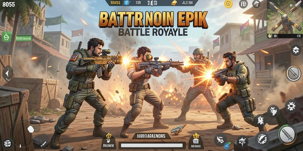 Screenshot gameplay 8055 menampilkan pertarungan seru di arena Battle Royale.
