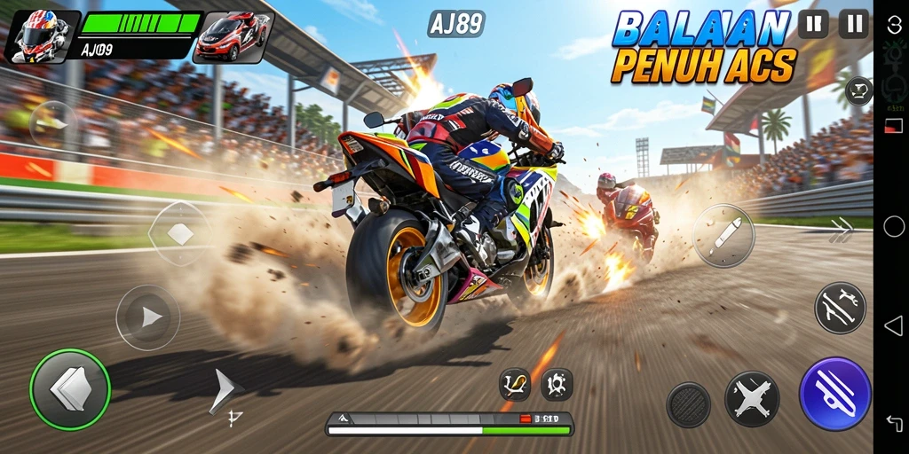 Screenshot AJO89 menunjukkan momen balapan motor yang seru dan menegangkan.