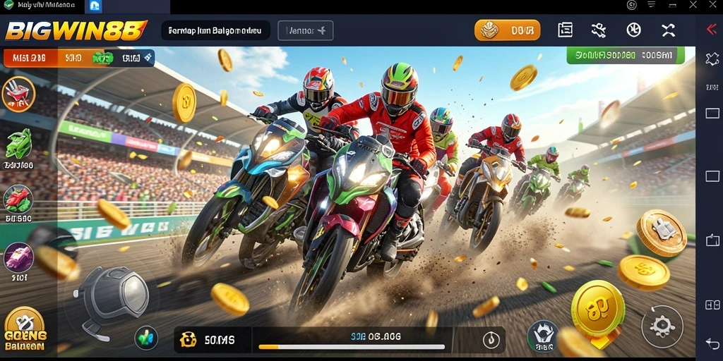 Screenshot gameplay BIGWIN88 menunjukkan aksi balap yang mendebarkan dan grafis HD.