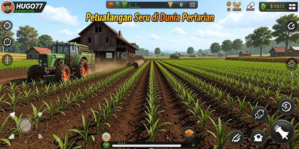Tampilan gameplay HUGO77 dengan lahan pertanian yang subur.
