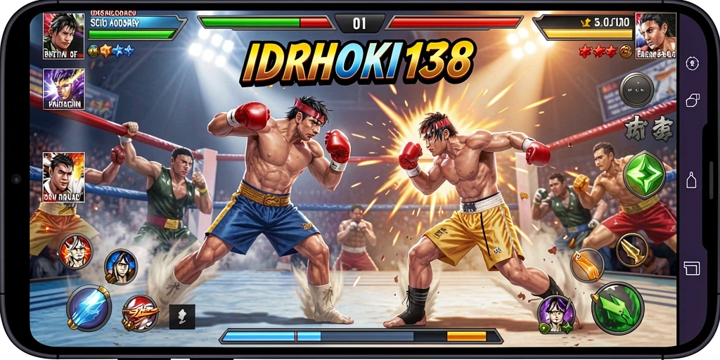 Screenshot gameplay IDRHOKI138 menampilkan karakter bertarung dengan aksi spektakuler.