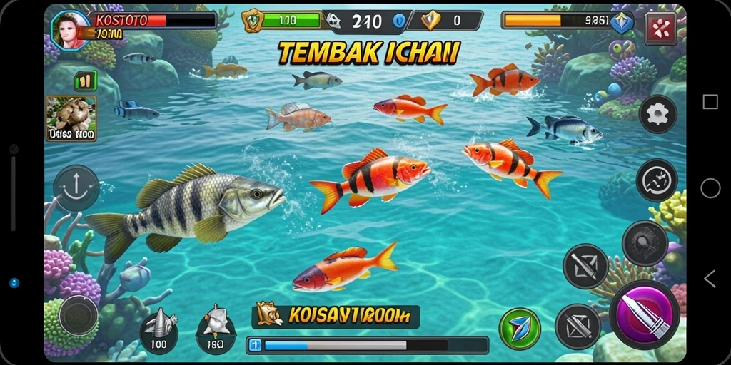Screenshot gameplay KOSTOTO menampilkan aksi menembak ikan yang seru dan menantang.