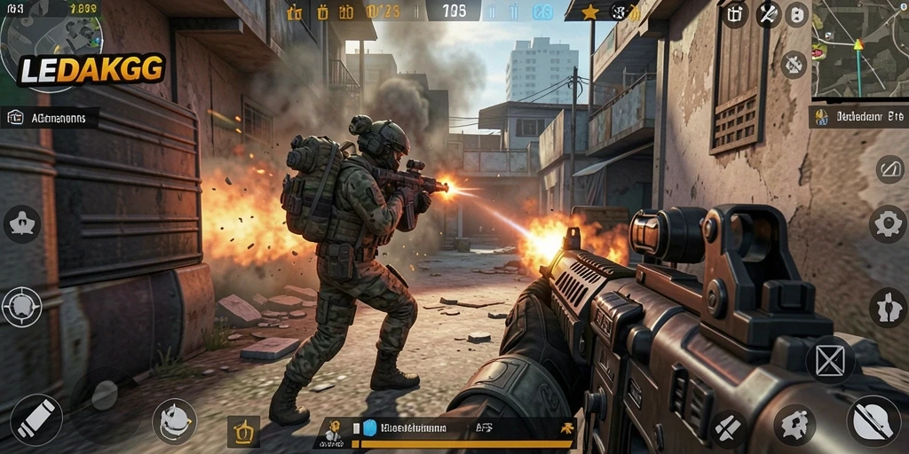 Tampilan gameplay menegangkan di LEDAKGG dengan aksi FPS yang intens.