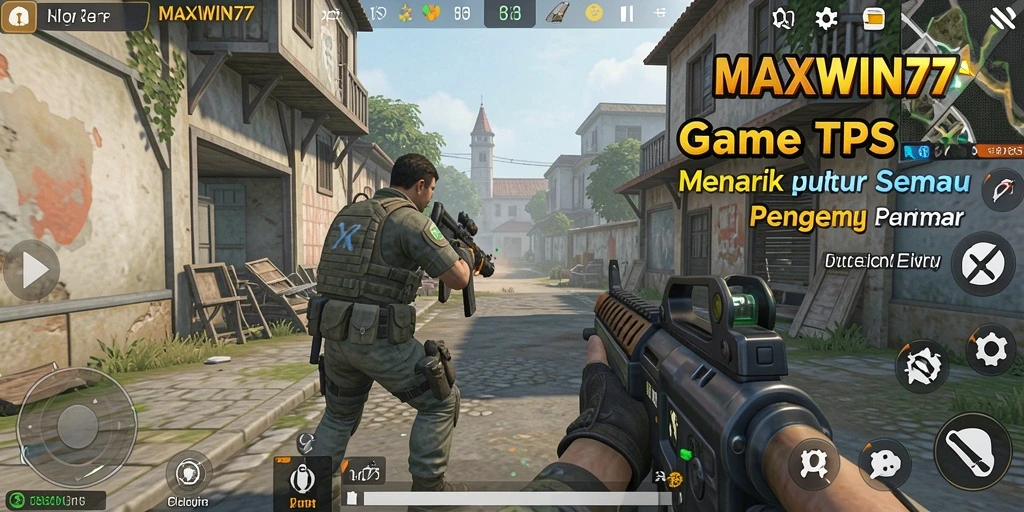 Screenshot MAXWIN77 menampilkan aksi tembak-menembak menegangkan dalam mode TPS.