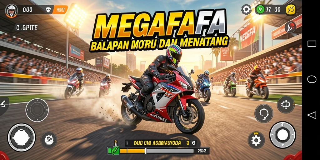 Tampilan gameplay MEGAFAFA yang mendebarkan dengan aksi balapan motor.
