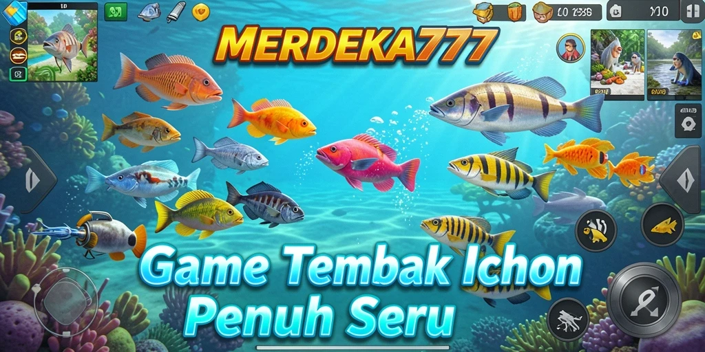 Screenshot gameplay MERDEKA777 menampilkan aksi seru menangkap ikan.