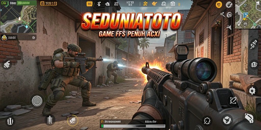 Tampilan mendebarkan dari gameplay SEDUNIATOTO dalam pertempuran FPS.