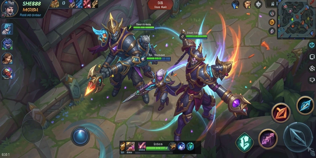 Screenshot utama menunjukkan aksi seru dalam permainan MOBA.