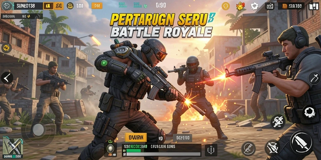 Tampilan gameplay SUNEO138 yang intens dalam pertempuran Battle Royale.