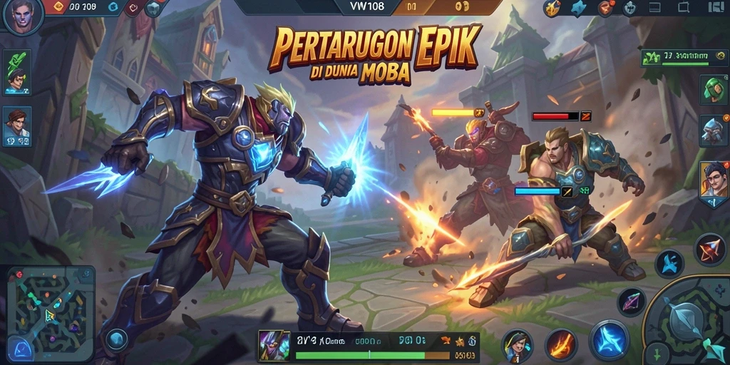 Gameplay mendebarkan dalam pertempuran MOBA yang seru.