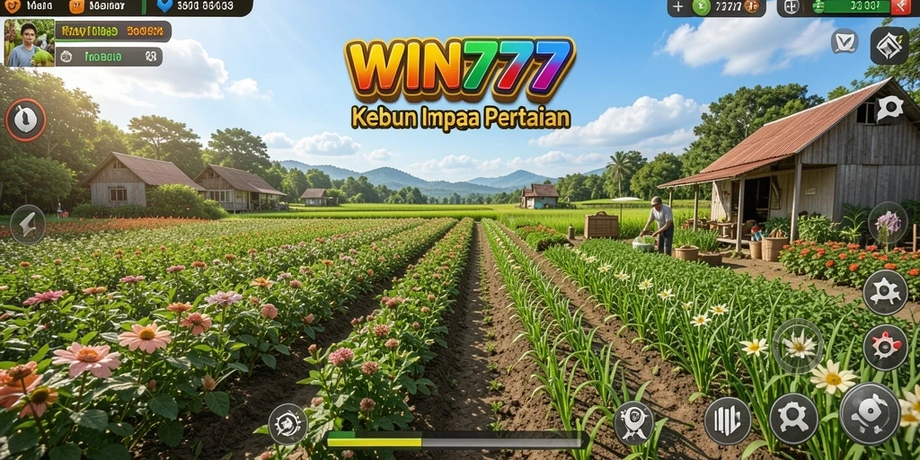 Gameplay <strong>WIN777</strong> menunjukkan kebun yang subur dan aktif dengan berbagai tanaman.